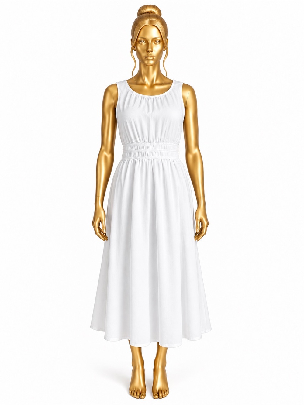 Jessica Simpson Large White 100% Cotton Midi Dress Smocked Waist Pockets